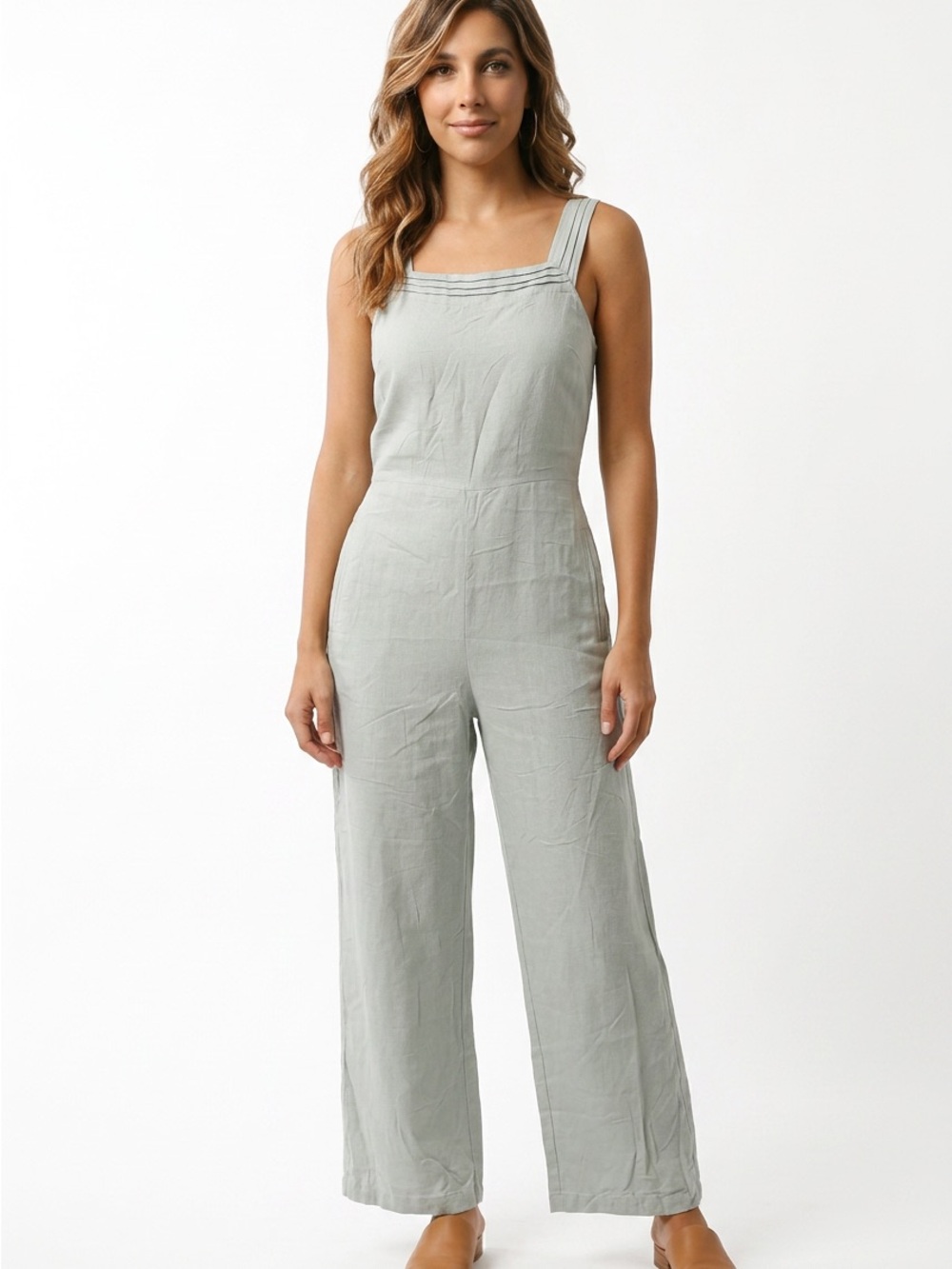 Monteau Los Angeles Womens Small Wide Straps Jumpsuit Sage Green Pin Pleated